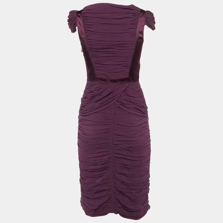 Pre Owned Burberry Prorsum Vintage Purple Silk Crepe Ruched Midi Dress S