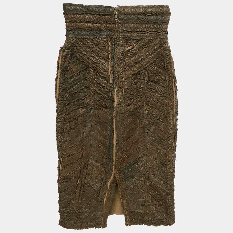 Pre Owned Burberry Prorsum Khaki Green Ruffled Leather Knee Length Skirt S