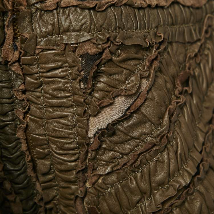 Pre Owned Burberry Prorsum Khaki Green Ruffled Leather Knee Length Skirt S