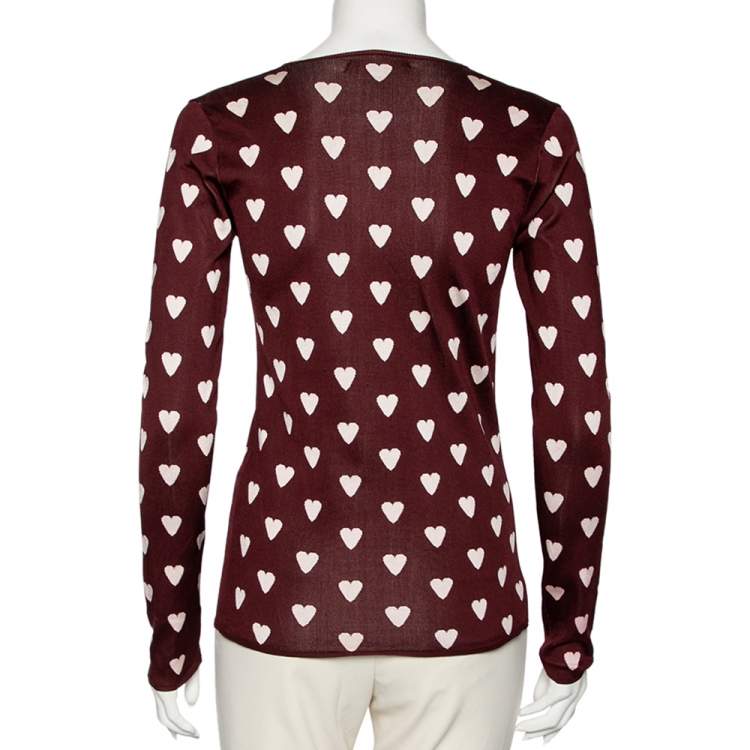 Pre Owned Burberry Prorsum Burgundy Heart Print Knit & Silk Sweater S