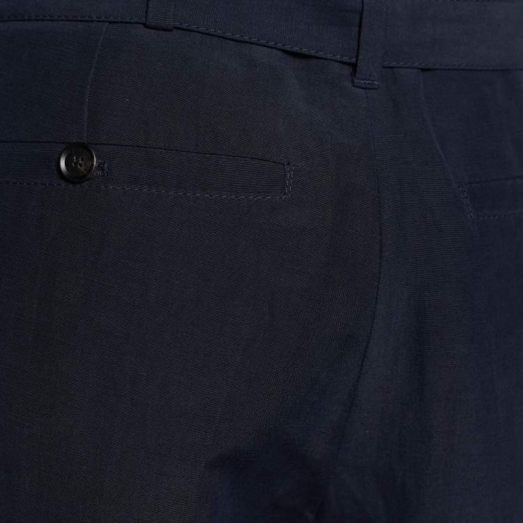 Pre Owned Burberry Prorsum Navy Linen Silk Paperbag Waist Trousers M