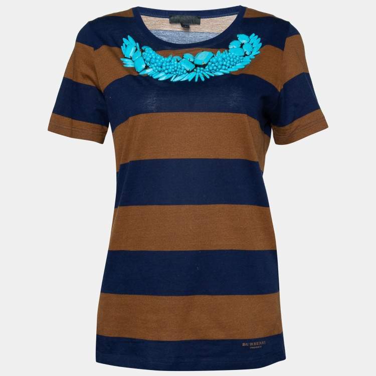 Pre Owned Burberry Prorsum Brown Striped Embellished Detail Round Neck T-Shirt S