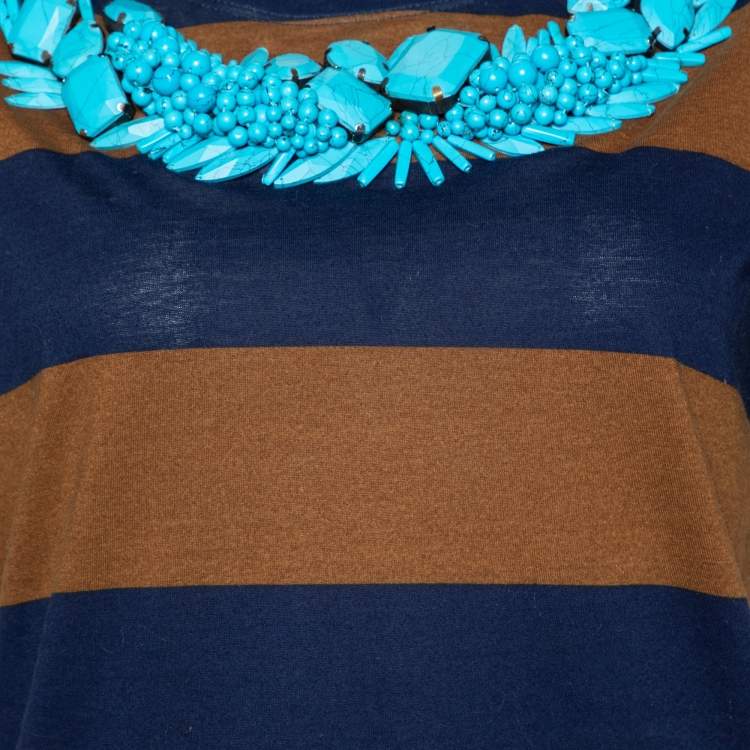 Pre Owned Burberry Prorsum Brown Striped Embellished Detail Round Neck T-Shirt S