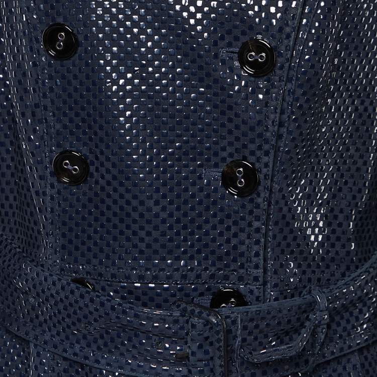 Pre Owned Burberry Prorsum Navy Blue Checker Pattern Leather Double Breasted Trench Coat M