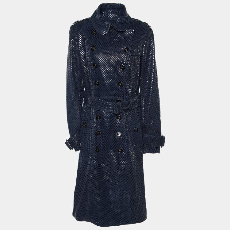 Pre Owned Burberry Prorsum Navy Blue Checker Pattern Leather Double Breasted Trench Coat M