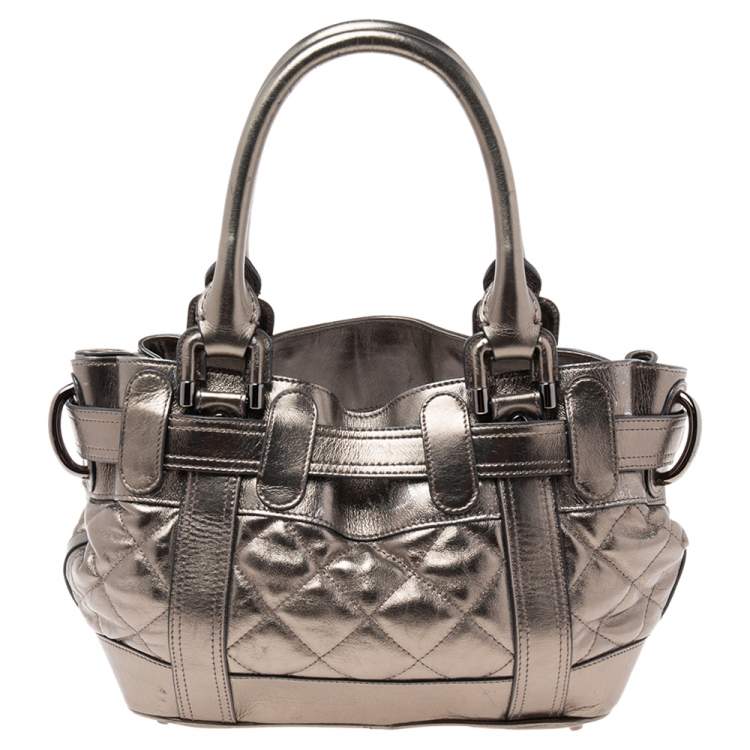 Pre Owned Burberry Metallic Gunmetal Quilted Leather Beaton Tote