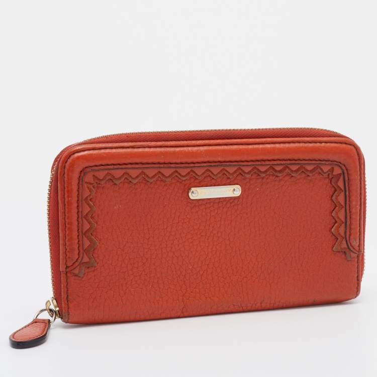 Pre Owned Burberry Prorsum Orange Leather Zip Around Wallet