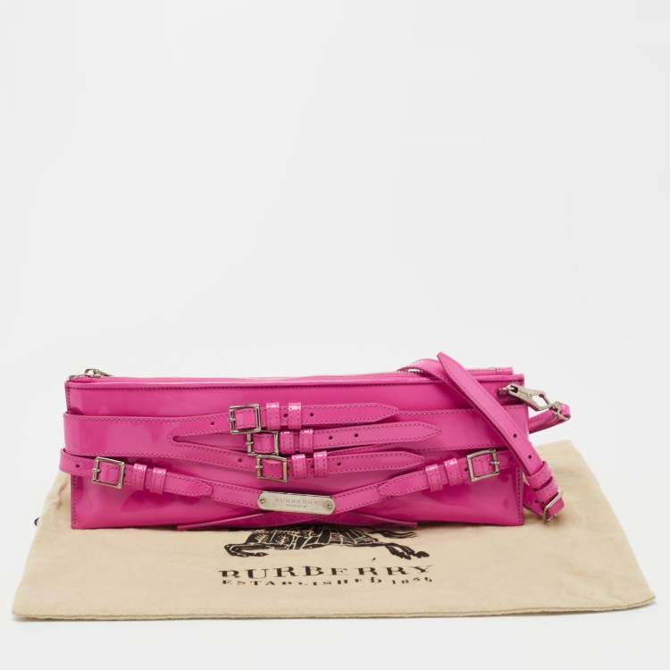 Pre Owned Burberry Propsum Pink Patent Leather Bridle Elongated Clutch Bag