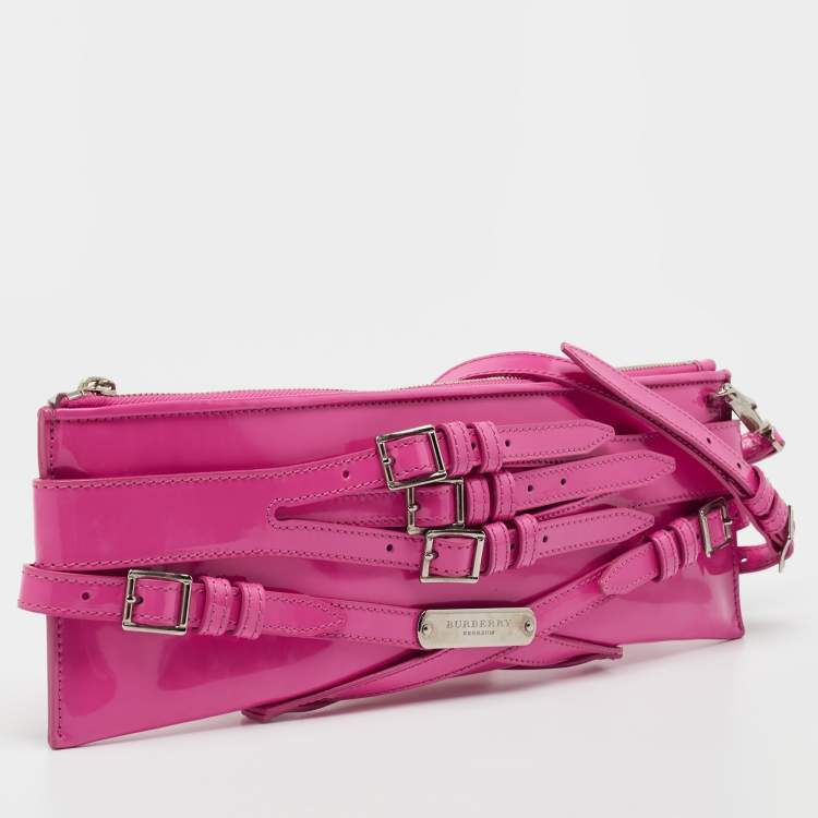 Pre Owned Burberry Propsum Pink Patent Leather Bridle Elongated Clutch Bag