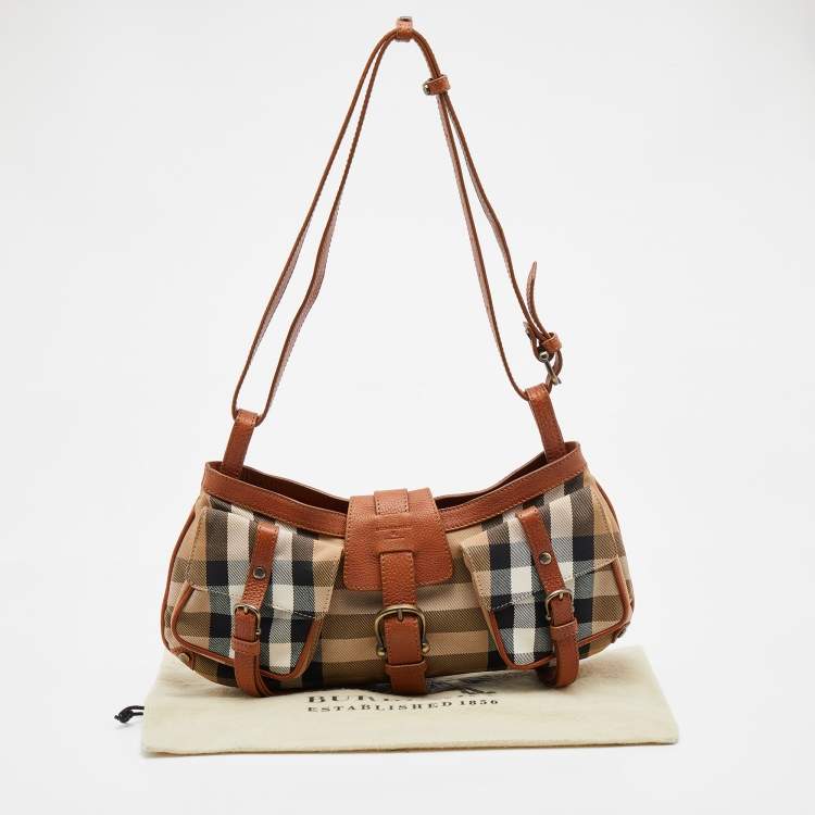 Pre Owned Burberry Beige/Brown House Check Canvas and Leather Shoulder Bag