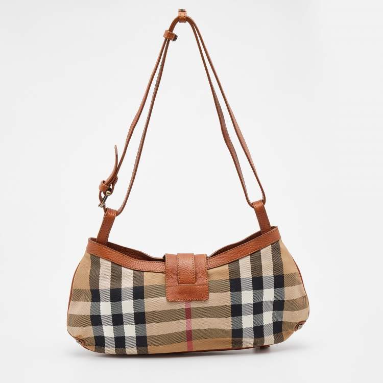 Pre Owned Burberry Beige/Brown House Check Canvas and Leather Shoulder Bag