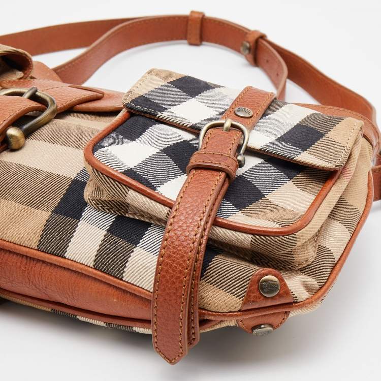 Pre Owned Burberry Beige/Brown House Check Canvas and Leather Shoulder Bag