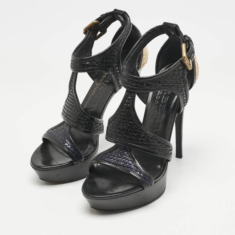 Pre Owned Burberry Black/Beige Leather and Raffia Prorsum Platform Sandals Size 38