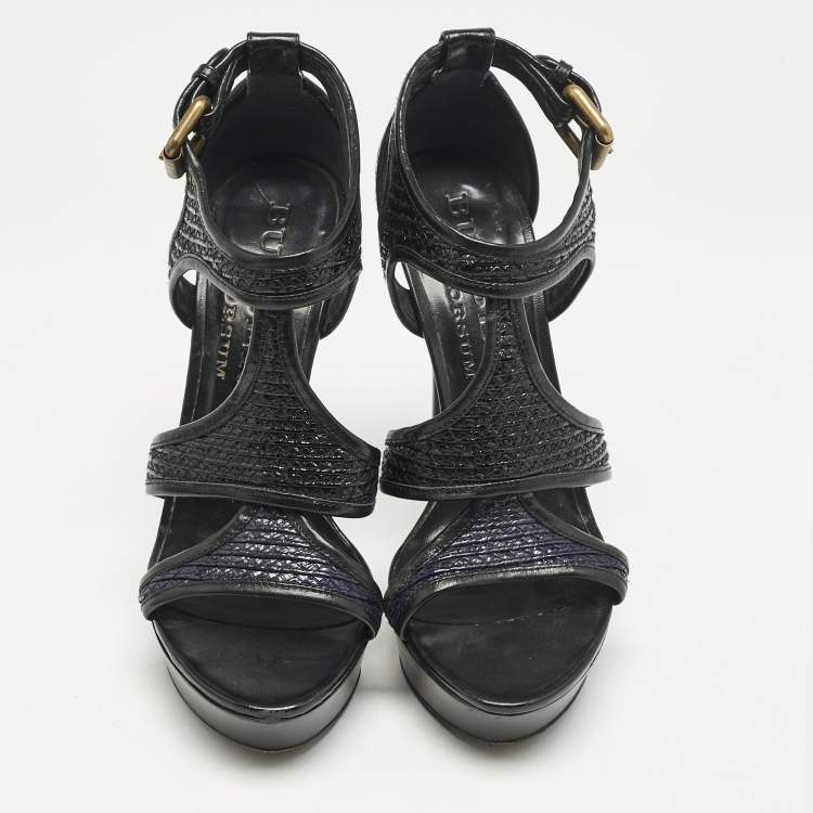 Pre Owned Burberry Black/Beige Leather and Raffia Prorsum Platform Sandals Size 38