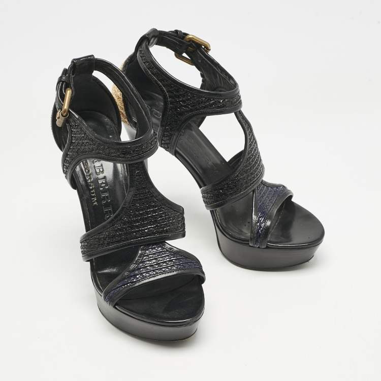 Pre Owned Burberry Black/Beige Leather and Raffia Prorsum Platform Sandals Size 38