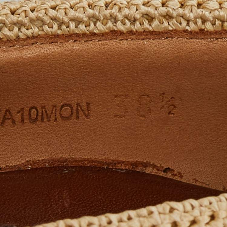 Pre Owned Burberry Beige Raffia and Fabric Open Toe Wedge Pumps Size 38.5