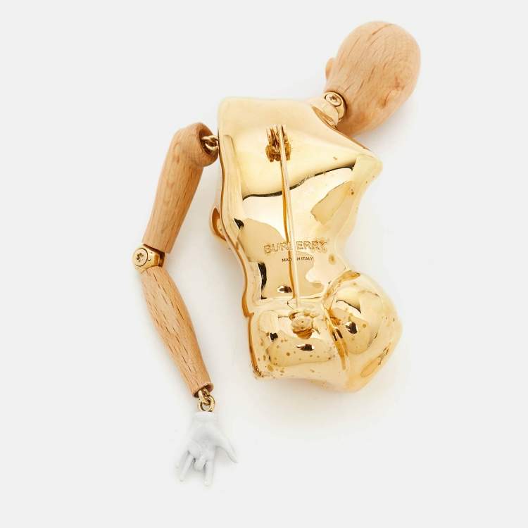 Pre Owned Burberry Doll Wood Enamel Gold Tone Brooch