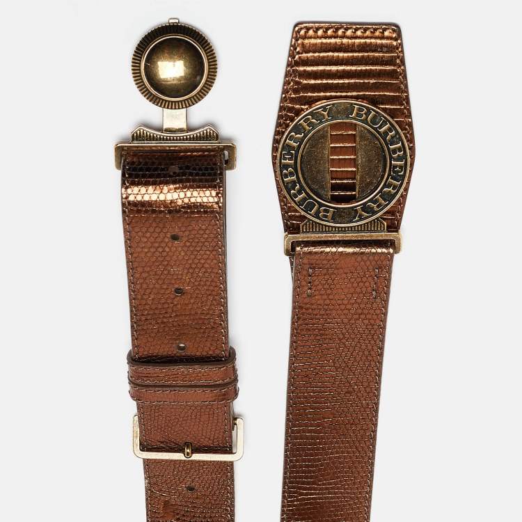 Pre Owned Burberry Bronze Lizard Embossed Leather Logo Buckle Belt Size 70CM