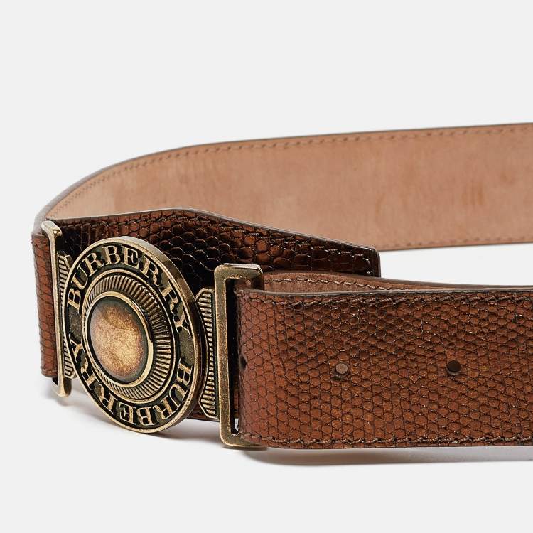 Pre Owned Burberry Bronze Lizard Embossed Leather Logo Buckle Belt Size 70CM