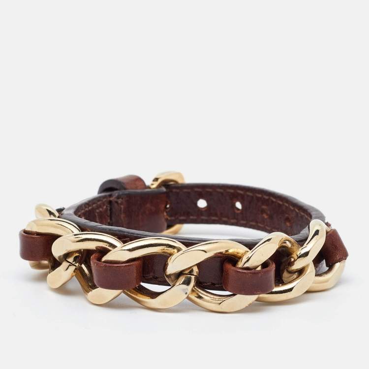 Pre Owned Burberry Brown Leather Chain Detail Wrap Bracelet