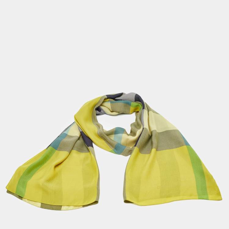 Pre Owned Burberry Yellow/Green Giant Check Print Silk Stole