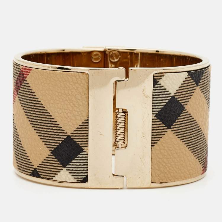 Pre Owned Burberry Printed Leather Gold Tone Bracelet