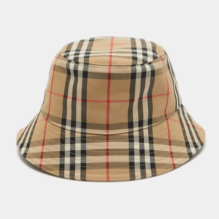Pre Owned Burberry Beige Nova Check Cotton Blend Bucket Hat