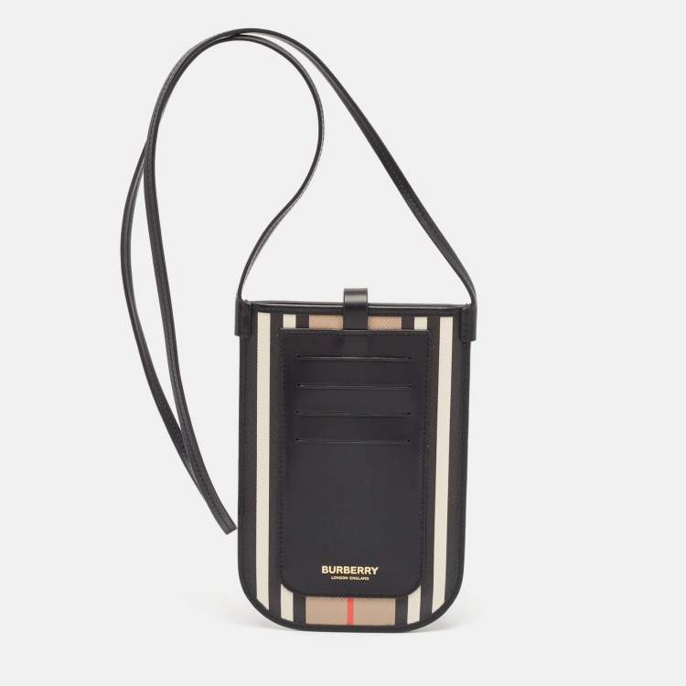 Pre Owned Burberry Beige/Black Icon Stripe Coated Canvas and Leather Anne Phone Pouch with Strap