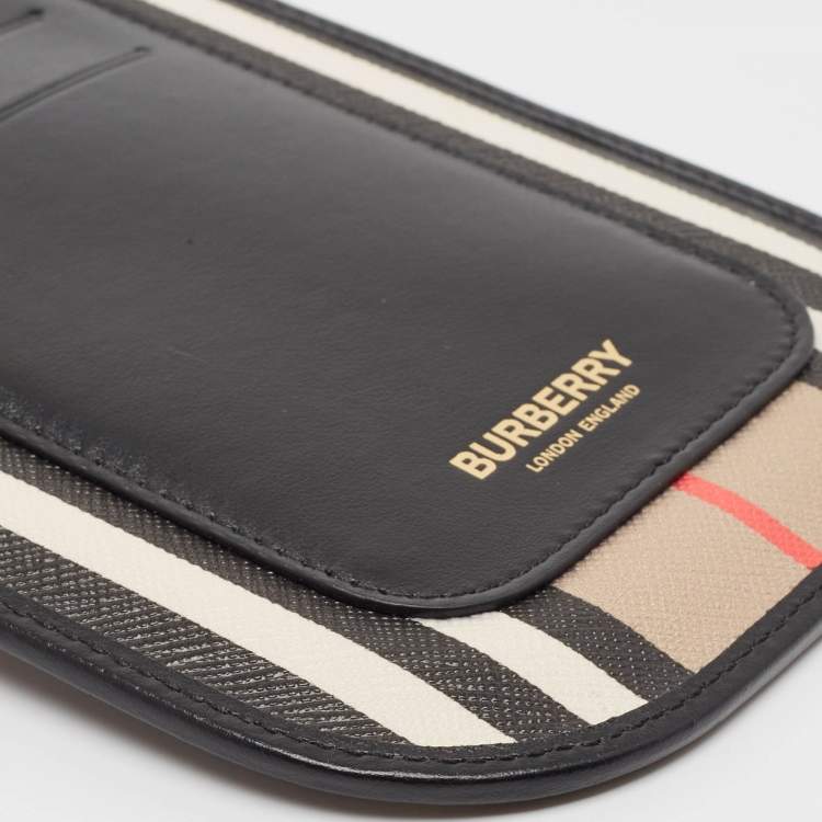 Pre Owned Burberry Beige/Black Icon Stripe Coated Canvas and Leather Anne Phone Pouch with Strap