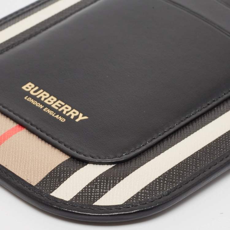 Pre Owned Burberry Beige/Black Icon Stripe Coated Canvas and Leather Anne Phone Pouch with Strap