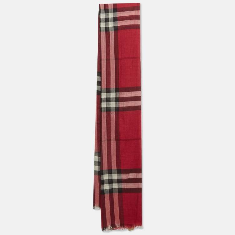 Pre Owned Burberry Red Checked Wool Blend Scarf