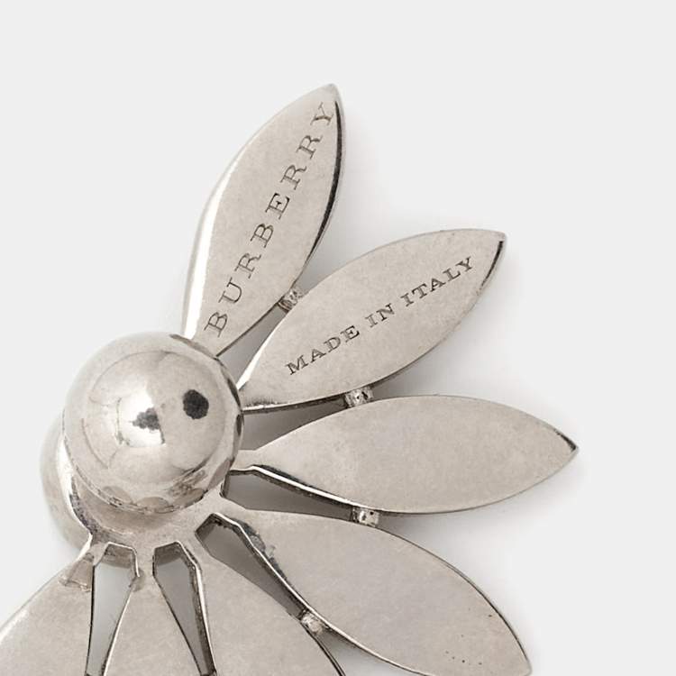 Pre Owned Burberry Half Daisy Crystal Silver Tone Clip-on Asymmetric Stud Drop Earrings