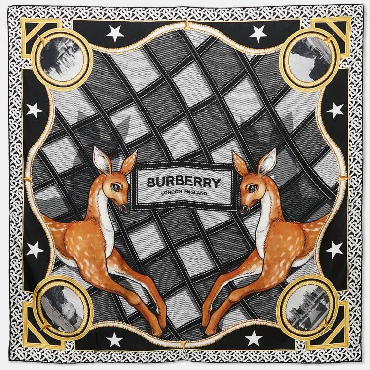 Pre Owned Burberry Black/Yellow Deer Print Silk Square Scarf