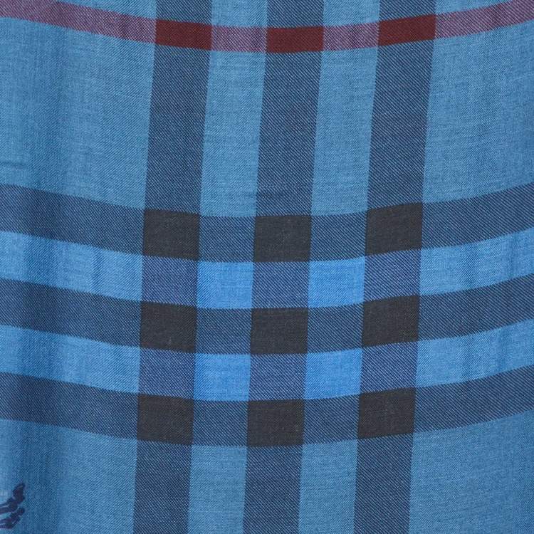 Pre Owned Burberry Blue Vintage Check Wool & Silk Scarf