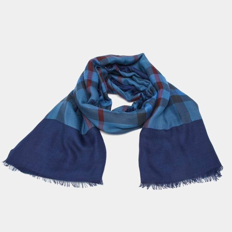 Pre Owned Burberry Blue Vintage Check Wool & Silk Scarf