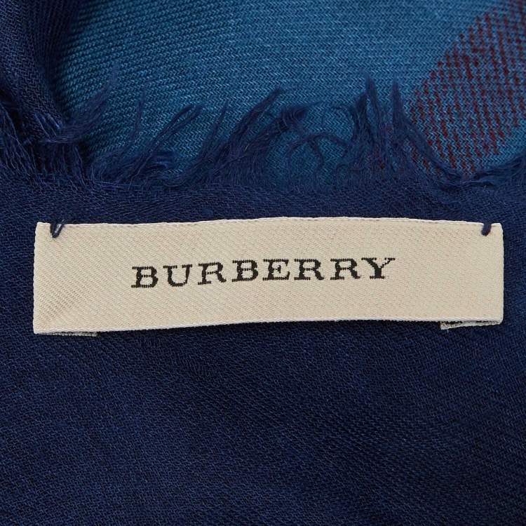 Pre Owned Burberry Blue Vintage Check Wool & Silk Scarf