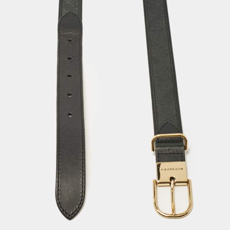 Pre Owned Burberry Black Check Embossed Leather Slim Belt 85 CM