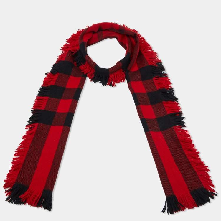 Pre Owned Burberry Black/Red Gaint Check Wool Fringed Scarf 