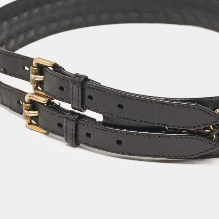 Pre Owned Burberry Black Leather Studded Double Buckle Wide Belt 90CM