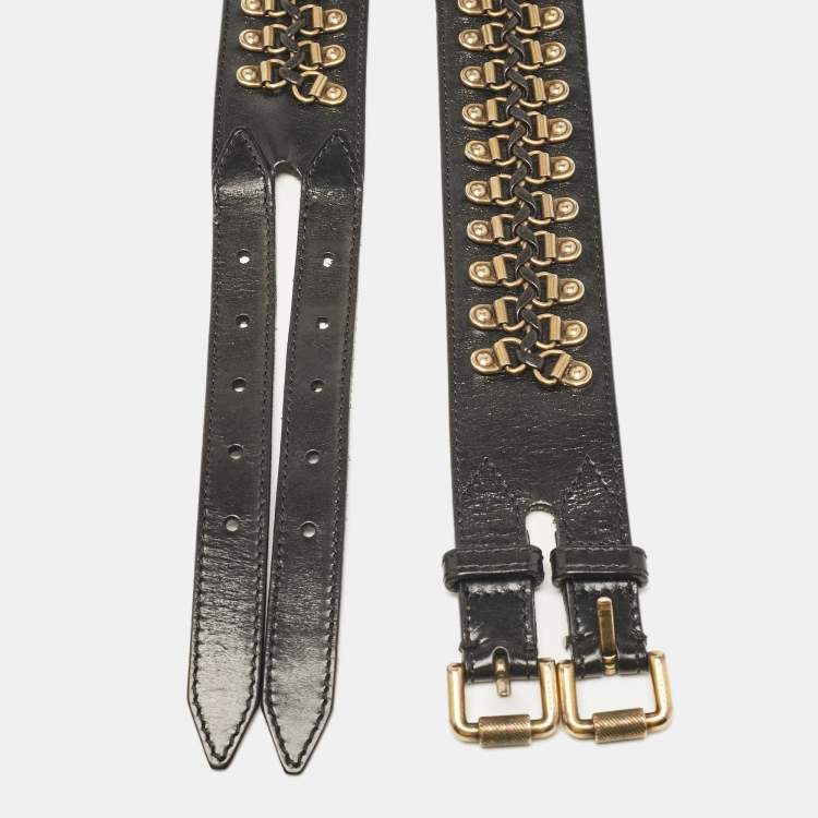 Pre Owned Burberry Black Leather Studded Double Buckle Wide Belt 90CM