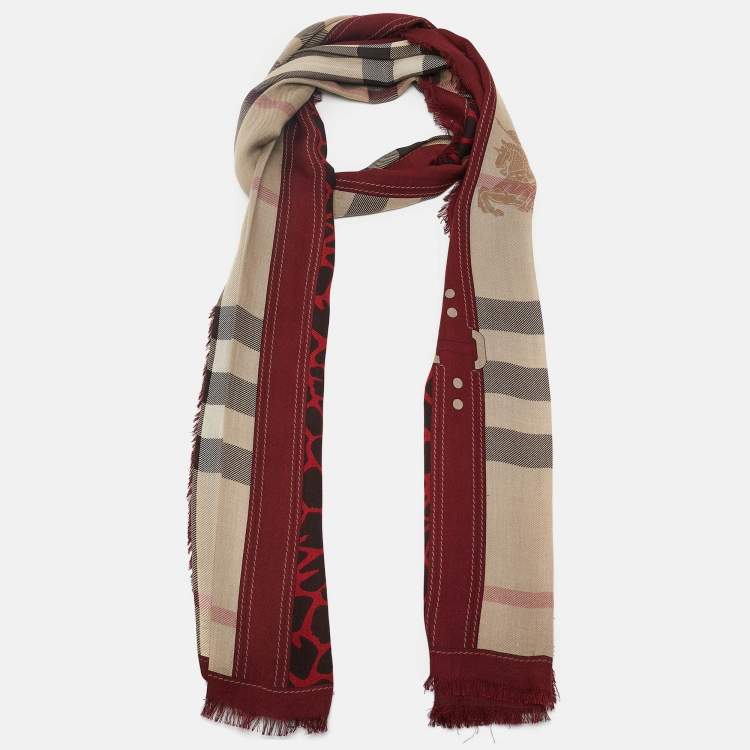 Pre Owned Burberry Brown/Red Leopard Print Haymarket Check Silk Blend Scarf