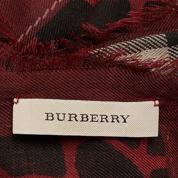 Pre Owned Burberry Brown/Red Leopard Print Haymarket Check Silk Blend Scarf