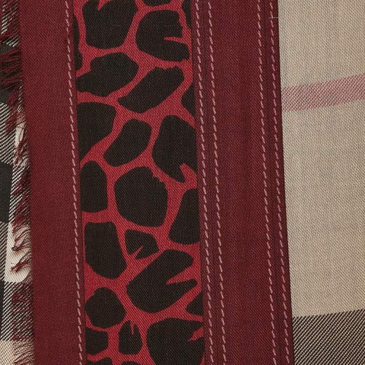 Pre Owned Burberry Brown/Red Leopard Print Haymarket Check Silk Blend Scarf