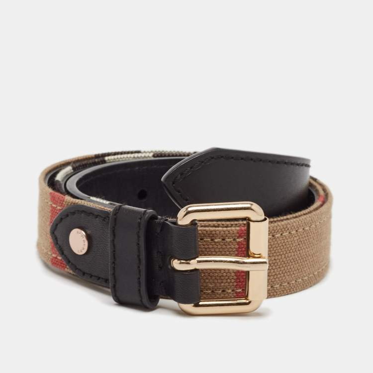 Pre Owned Burberry Beige/Black House Check Canvas and Leather Buckle Belt 85 CM