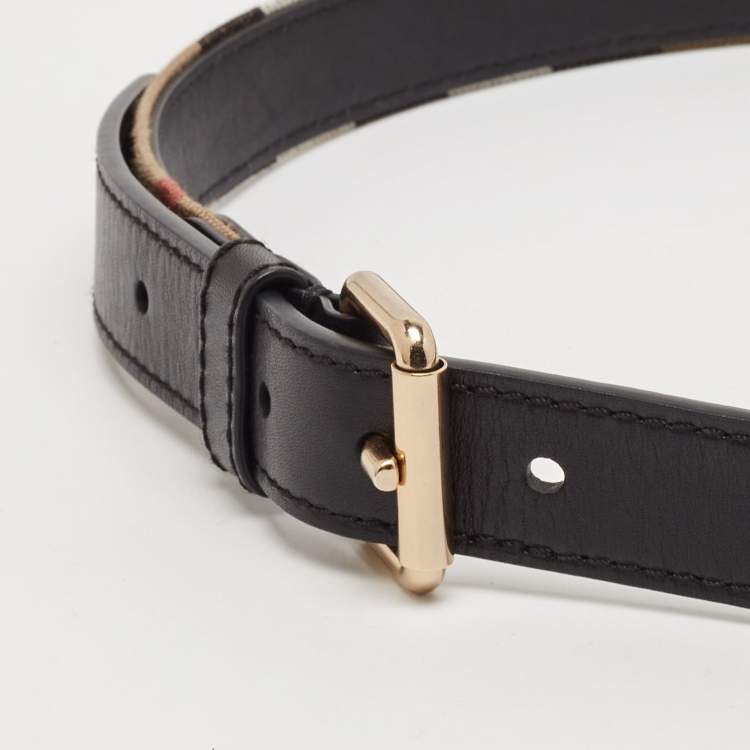 Pre Owned Burberry Beige/Black House Check Canvas and Leather Buckle Belt 85 CM
