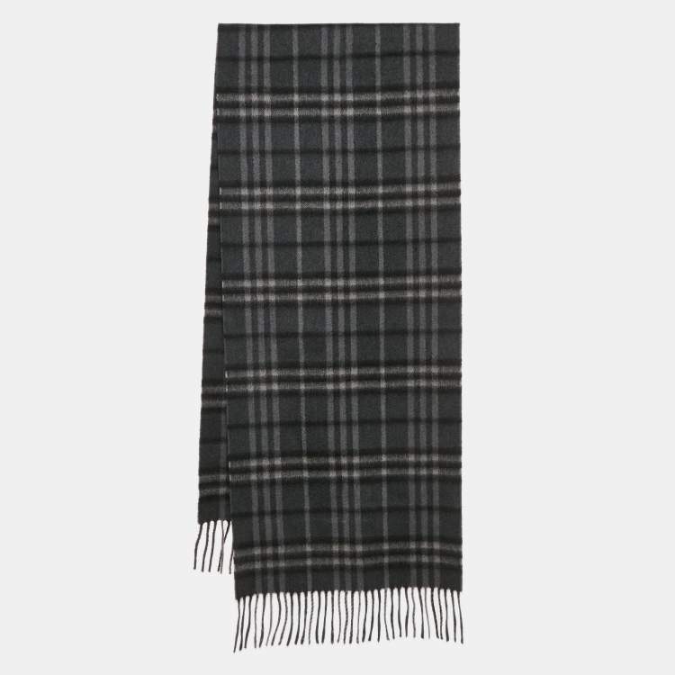 Pre Owned Burberry Dark Grey Checked Cashmere Fringed Stole