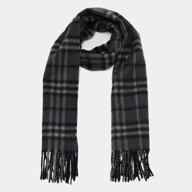 Pre Owned Burberry Dark Grey Checked Cashmere Fringed Stole