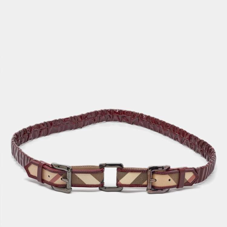 Pre Owned Burberry Red/Beige Nova Check Patent Leather and PVC Scrunch Belt 110CM
