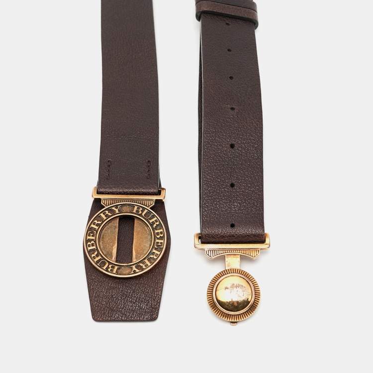 Pre Owned Burberry Dark Brown Leather Round Clasp Buckle Belt 90CM