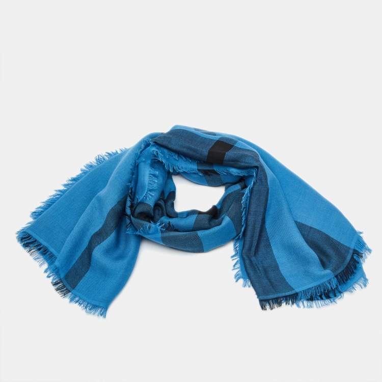 Pre Owned Burberry Blue Giant Check Fringed Cashmere Scarf